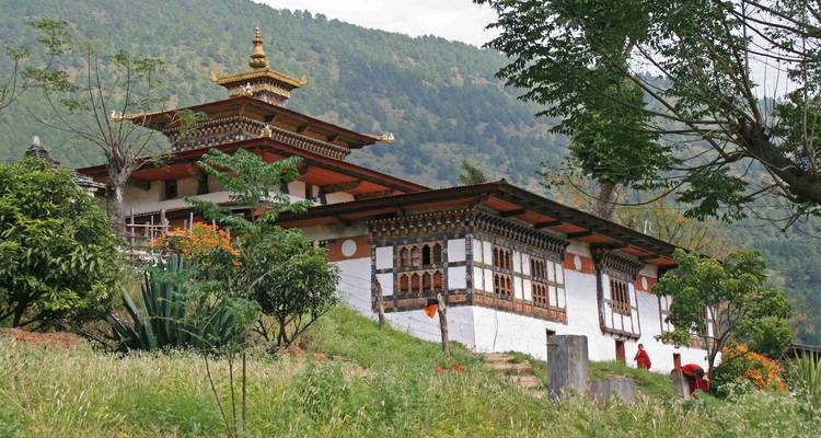 Templo tradicional butanés rodeado de vegetación exuberante contra una ladera boscosa, con banderas de oración ondeando.