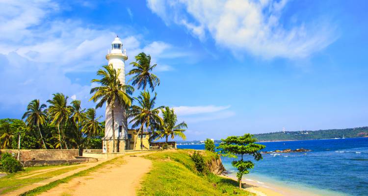 Vuurtoren aan een kustlijn met palmbomen.