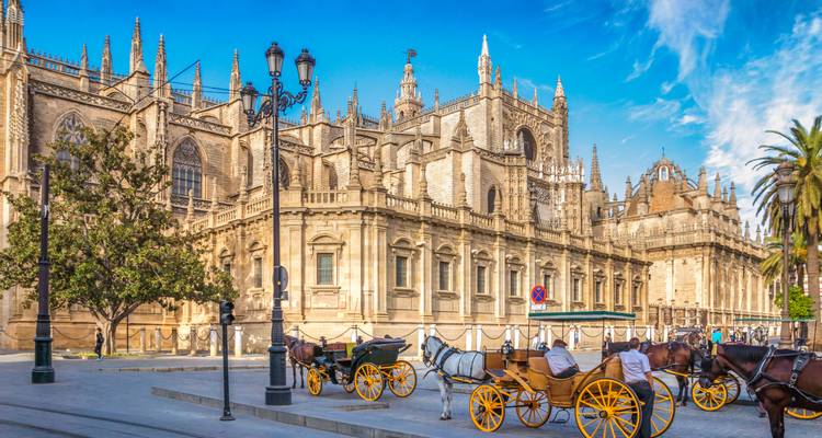 Exterior de la Catedral de Sevilla con carruajes tirados por caballos esperando a lo largo de la calle.
