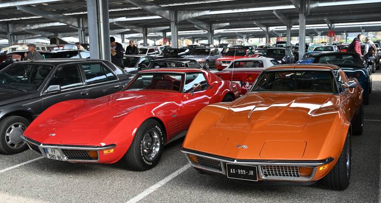 Twee klassieke auto's geparkeerd onder een luifel.