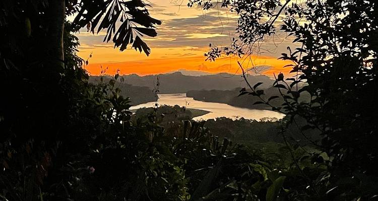 Dramatische oranje zonsondergang boven een kronkelende jungle rivier omgeven door gesilhouetteerde bladeren