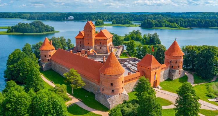 Luftaufnahme der von Wasser umgebenen Burg der Insel Trakai.