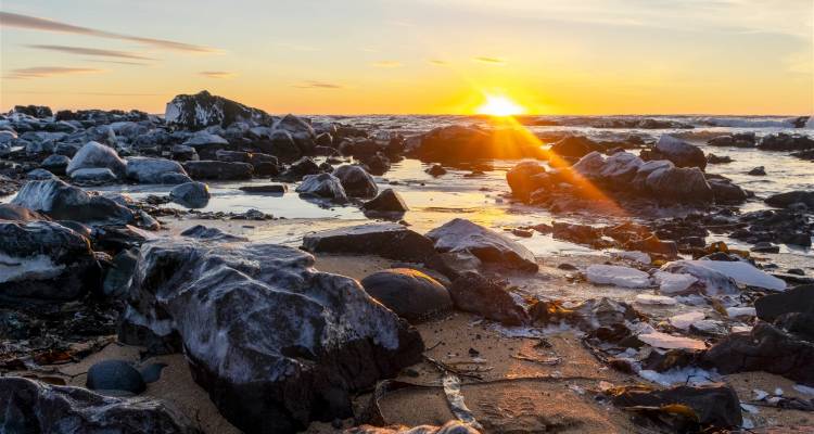Rocky coastline at sunrise with ice formations.