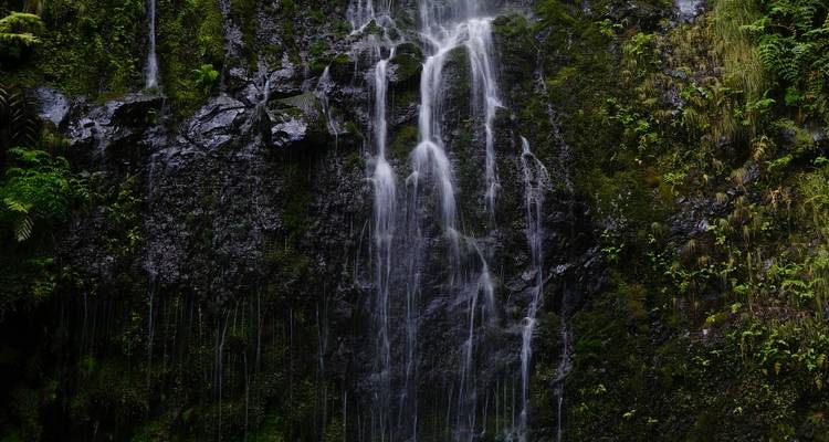 Waterfall cascading down a moss-covered rock face.