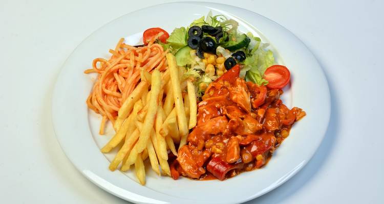 Plate with french fries, pasta, and salad on a white background.
