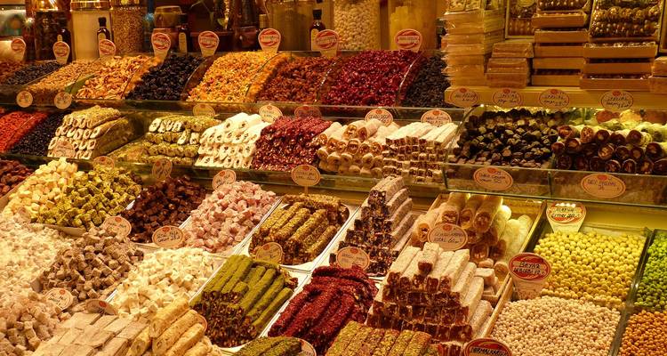 Variety of Turkish delights on a market stall.