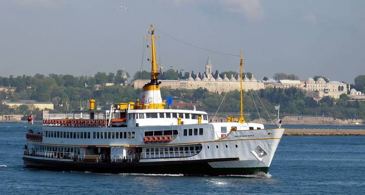 Passenger ferry sailing on a calm river with historical buildings in the background.