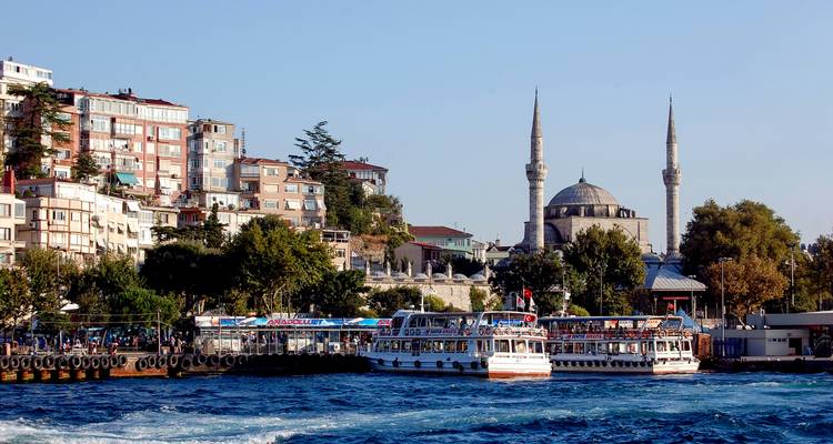 Boats on the Bosphorus with a mosque in the background