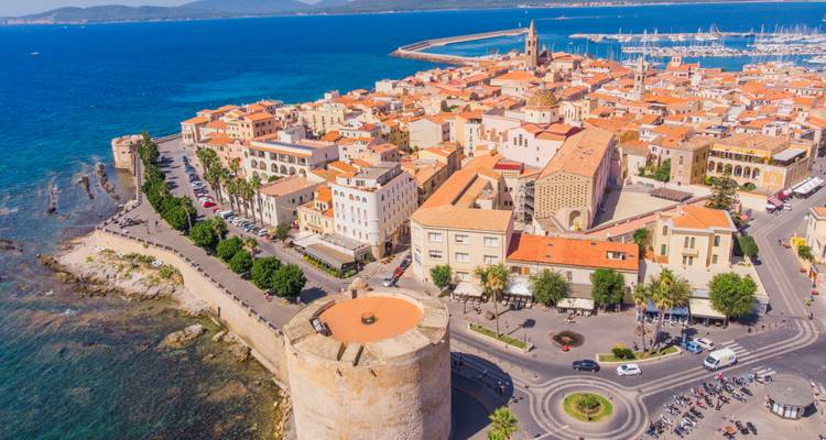 Overhead view of a historic city built on the coast.