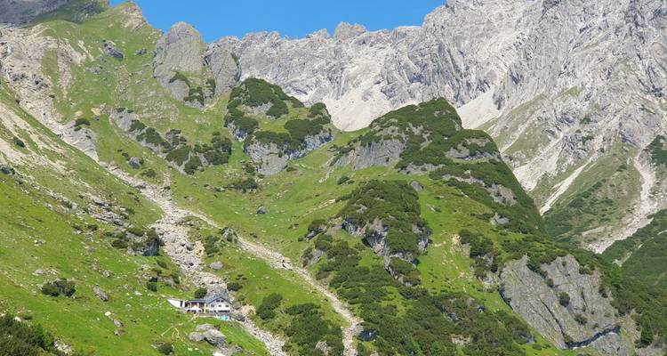 Une petite maison nichée dans un paysage alpin verdoyant avec des montagnes rocheuses en arrière-plan.