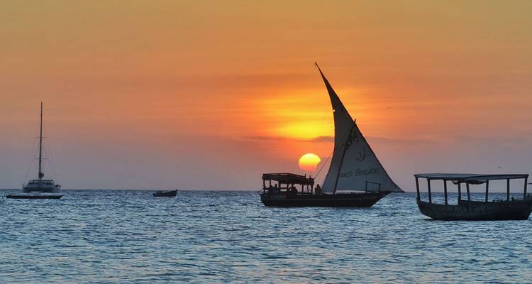 Sailboats and traditional dhow silhouetted by a glowing Zanzibar sunset.