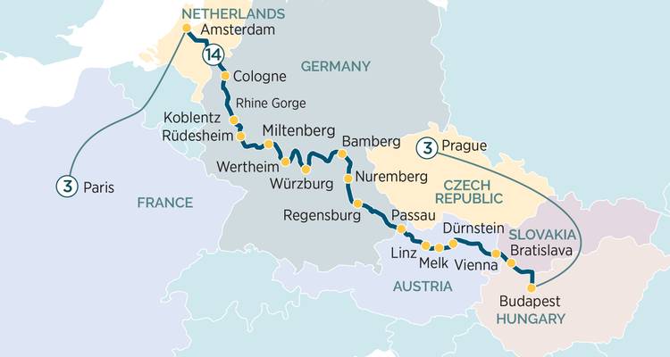Illustrated map of a European river cruise route highlighting major cities along the Rhine and Danube.