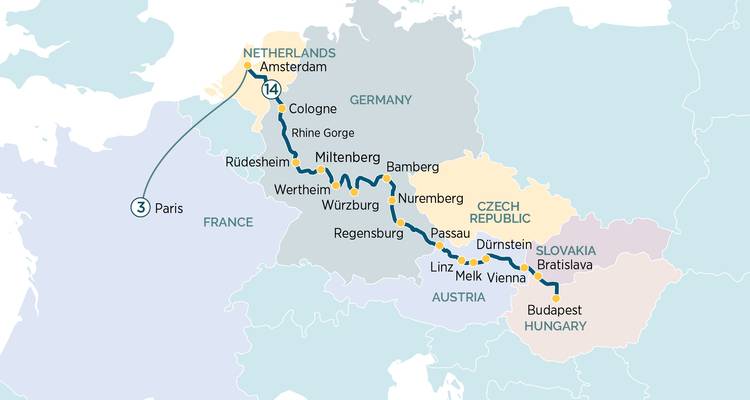 Map illustrating a travel route through several European countries.