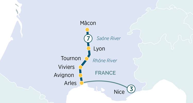 Map displaying a Rhône and Saône river cruise route in France from Nice to Mâcon.