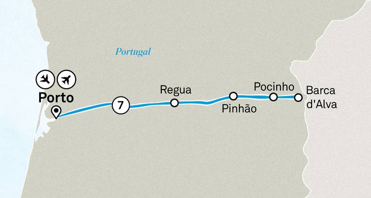 Map showcasing a route through various locations in Portugal, including Porto and Pinhao.