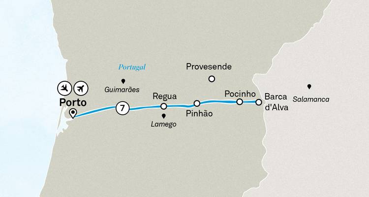 Map showing a route through various locations in Portugal.