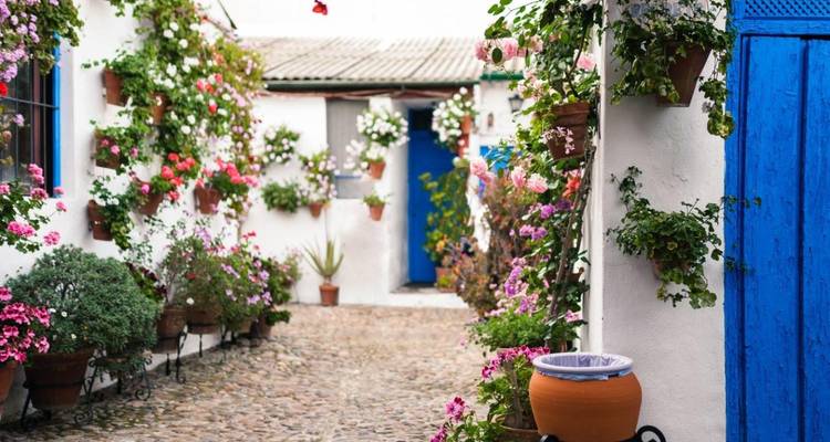 Farbenfroher Innenhof mit Blumen und blauen Türen.