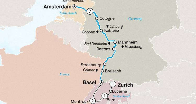 Detailed cruise route map from Amsterdam to Zurich through Germany and France