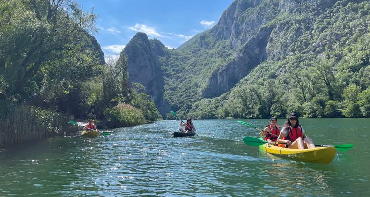 Groupe de kayakistes pagayant sur une large rivière émeraude encadrée par des falaises de canyon luxuriantes par une journée ensoleillée.