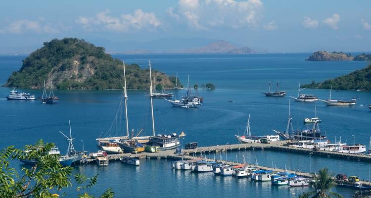 Un puerto lleno de yates e islas en aguas tropicales de un azul brillante.