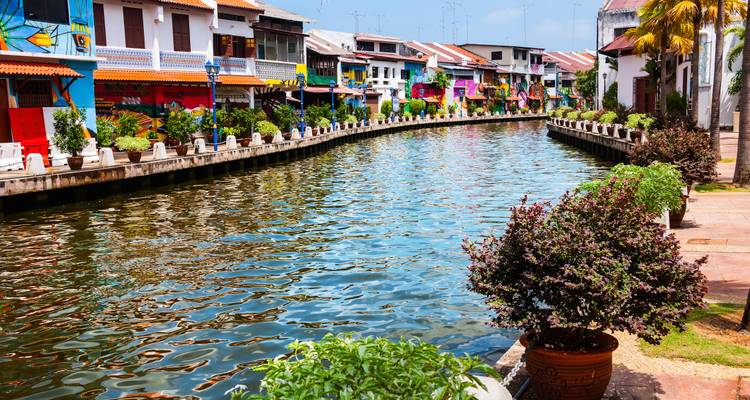 Kleurrijke gebouwen aan de gracht met potplanten langs het wandelpad.