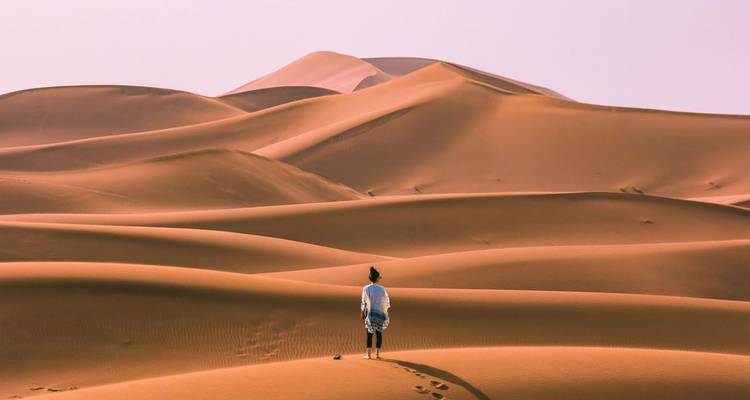 Personne solitaire debout dans de vastes dunes de sable ondulantes.