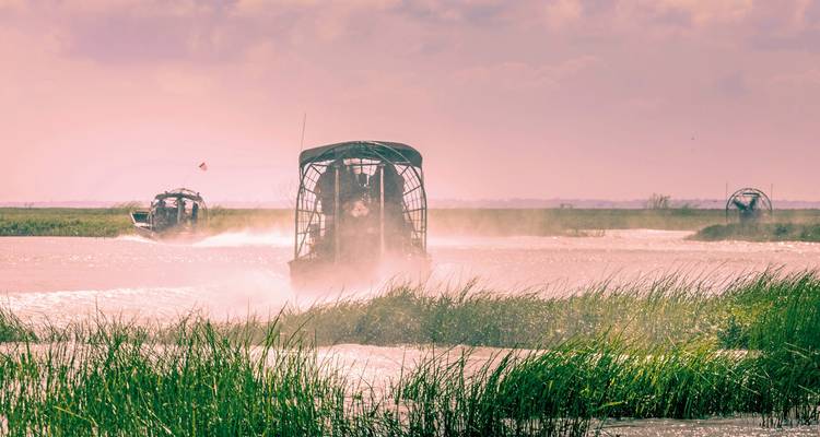 Airboats gliding through a grassy waterway with a hazy sky.