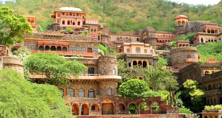 Nahaufnahme der terrassierten Neemrana Fort-Palastanlage mit üppiger Baumvegetation bei Tageslicht