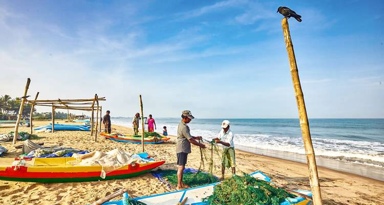 Pescadores clasificando redes verdes junto a botes coloridos en una playa tropical soleada con olas de océano azul.
