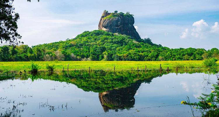 La icónica Roca de Sigiriya elevándose sobre la selva exuberante, perfectamente reflejada en un humedal tranquilo al frente.