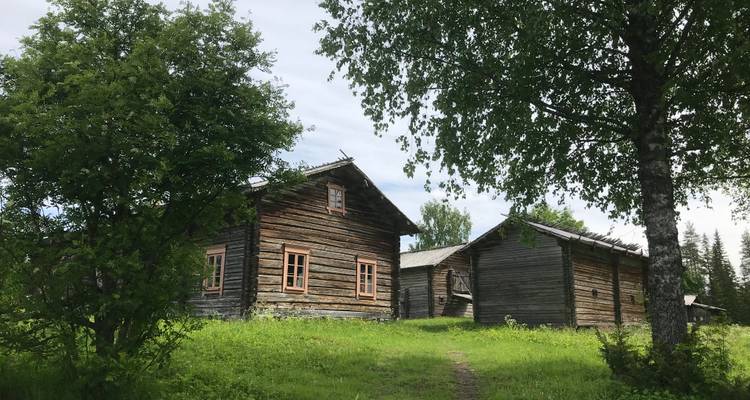 Traditionelle Holzhäuser in einer grünen Landschaft.