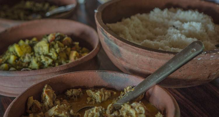Platos tradicionales indios de curry y arroz presentados en cuencos rústicos de barro.