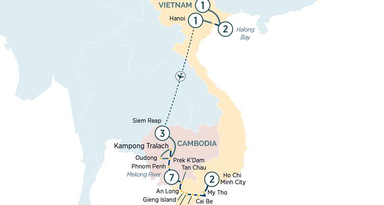Carte illustrant un itinéraire de voyage combiné au Vietnam et au Cambodge incluant des sections de croisière fluviale.