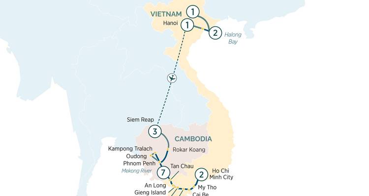 Carte simplifiée du circuit mettant en évidence les étapes au Vietnam et au Cambodge avec les segments de vol.