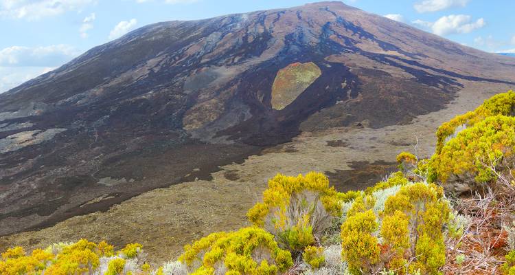 Volcanic landscape with green shrubs.