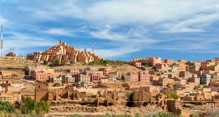 Hilltop view of a traditional settlement in Morocco.