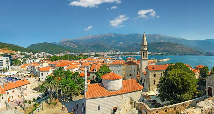 Panoramic scene of a coastal medieval town with terracotta roofs, church tower, palm trees and blue Adriatic waters backed by rugged mountains.