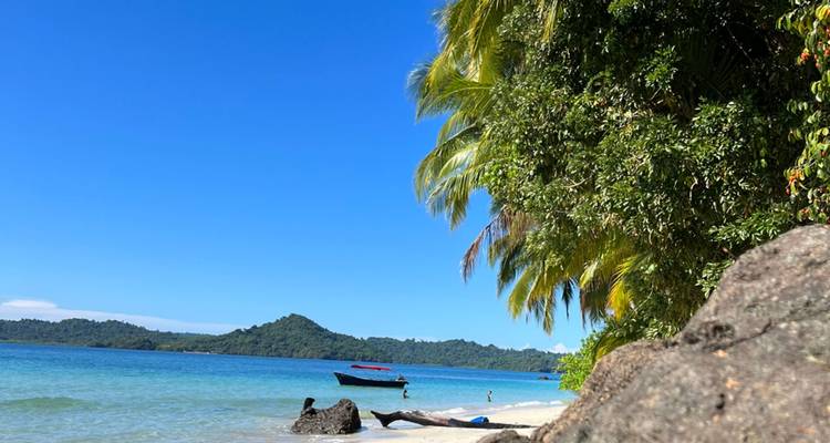Clear tropical beach framed by palms and jungle with a lone speedboat anchored offshore.