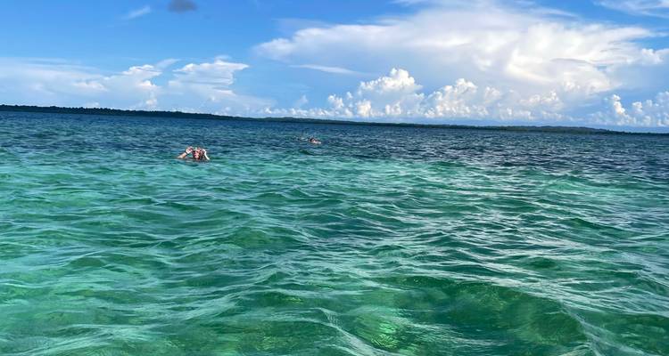Snorkellers float on the surface of clear, rippling turquoise sea under a wide sky.