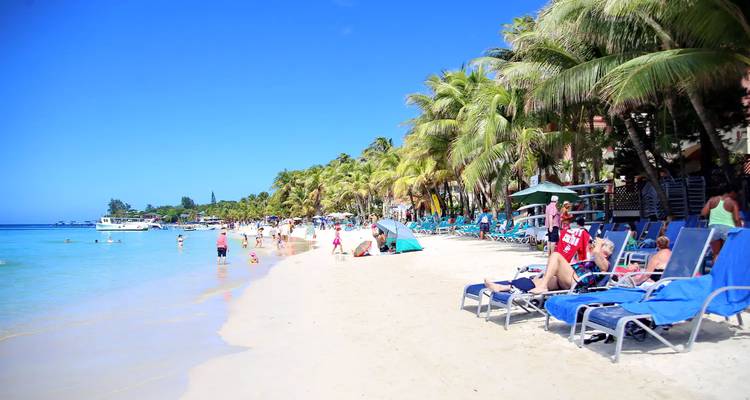 Tropical beach with clear blue water, palm trees, lounge chairs, and vacationers swimming and sunbathing