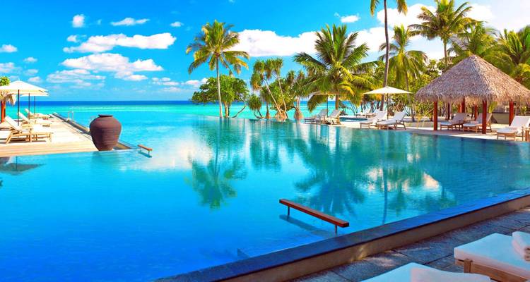 Infinity pool overlooking a palm-fringed beach and brilliant blue Indian Ocean at a luxury resort.
