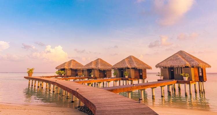 Rows of stilted villas stretch over calm water at pastel sunrise in the Maldives.