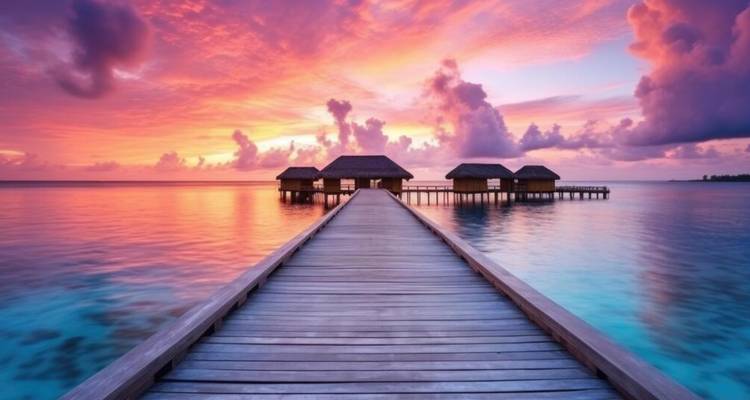 A wooden pier stretches towards three villas across a vividly colored twilight sea.