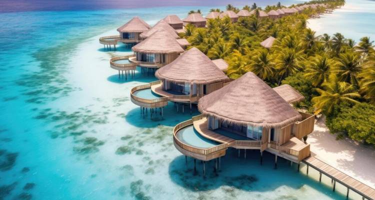 Row of luxury lagoon villas with private plunge pools along a palm-lined white-sand shore.