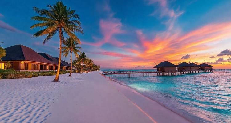 Glowing sunset paints the sky above a palm-lined white beach and overwater villas.