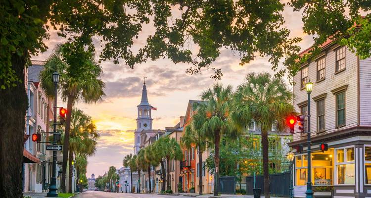Charming palm-lined street with historic church steeple at sunrise in pastel light