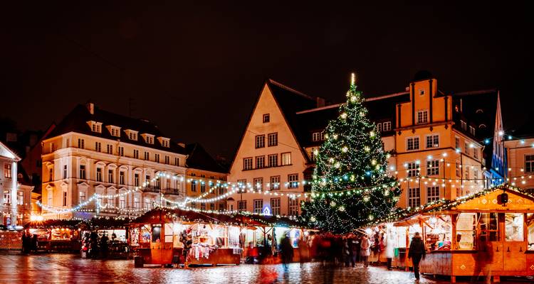 Tallinn's Christmas market at night, glowing with string lights around a giant tree and historic buildings reflecting on wet cobblestones.