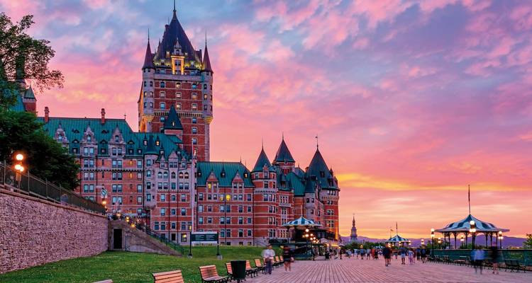 Château Frontenac and Dufferin Terrace during sunset in Quebec City.