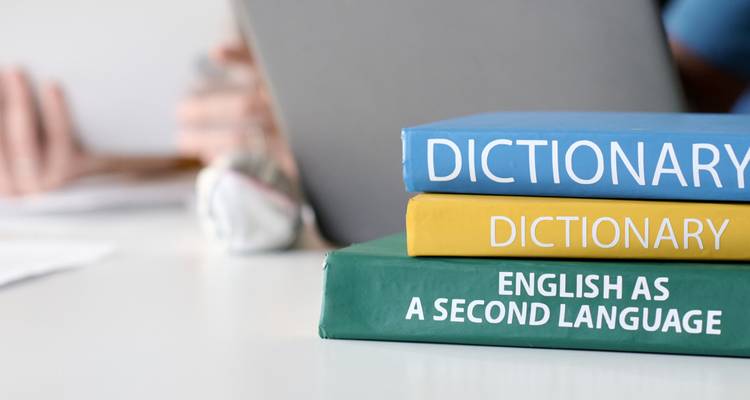 Gestapelte Wörterbücher auf einem Tisch mit unscharfem Hintergrund.