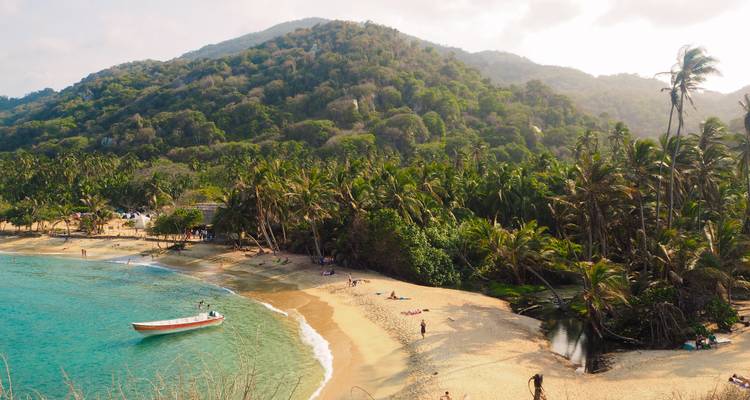 Tropische baai in Nationaal Park Tayrona met palmbomen aan het strand en een verankerde boot